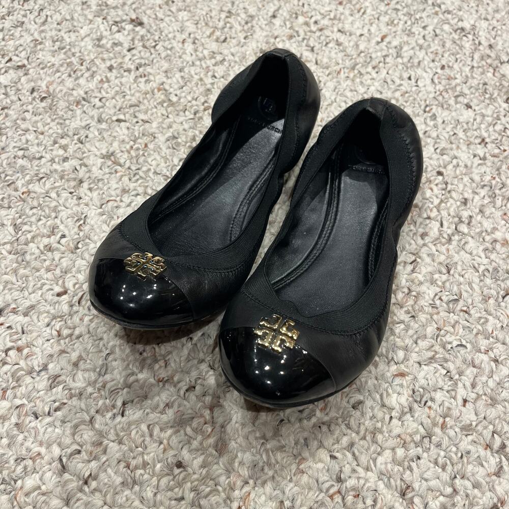 Tory Burch Black Leather & Patent Toe Logo Ballet Flats